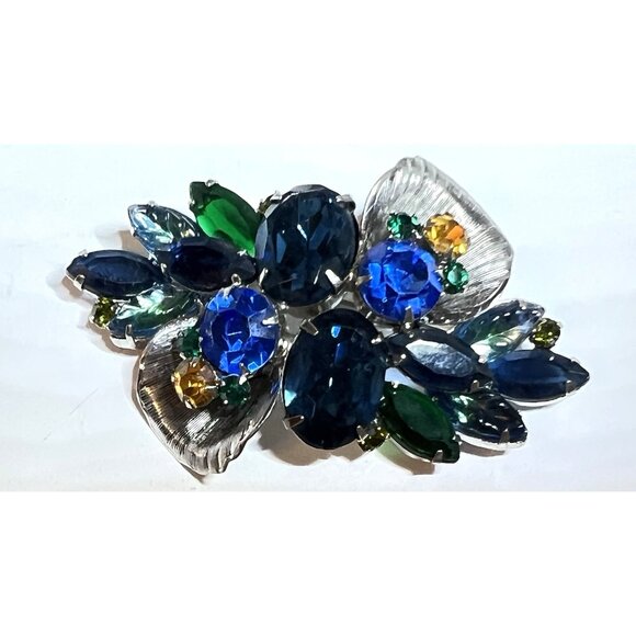 Juliana D&E Blue Green Rhinestones Brooch Earrings Set Molded Navettes #1748 - Picture 3 of 10